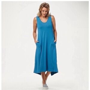 LOGO by Lori Goldstein Midi Dress Women Small Teal Artsy Lagenlook Asymmetrical